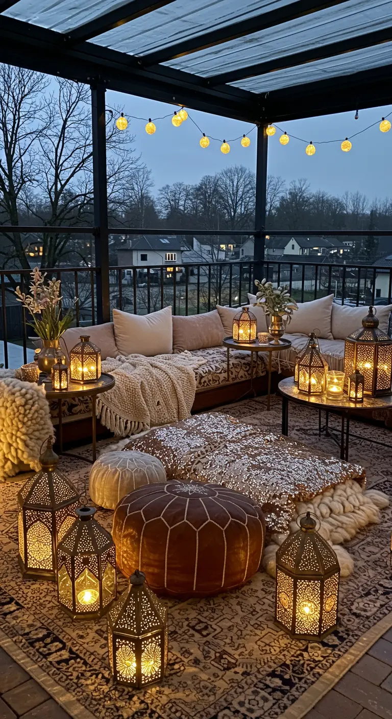 Terrasse de style marocain avec de nombreuses lanternes, des poufs et des tapis.