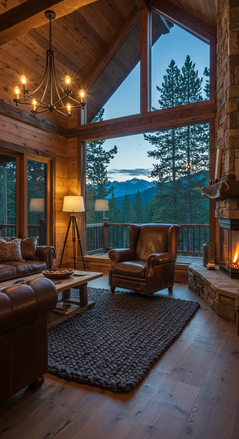 Salon chalet avec fauteuil en cuir, grande baie vitrée et cheminée en pierre.