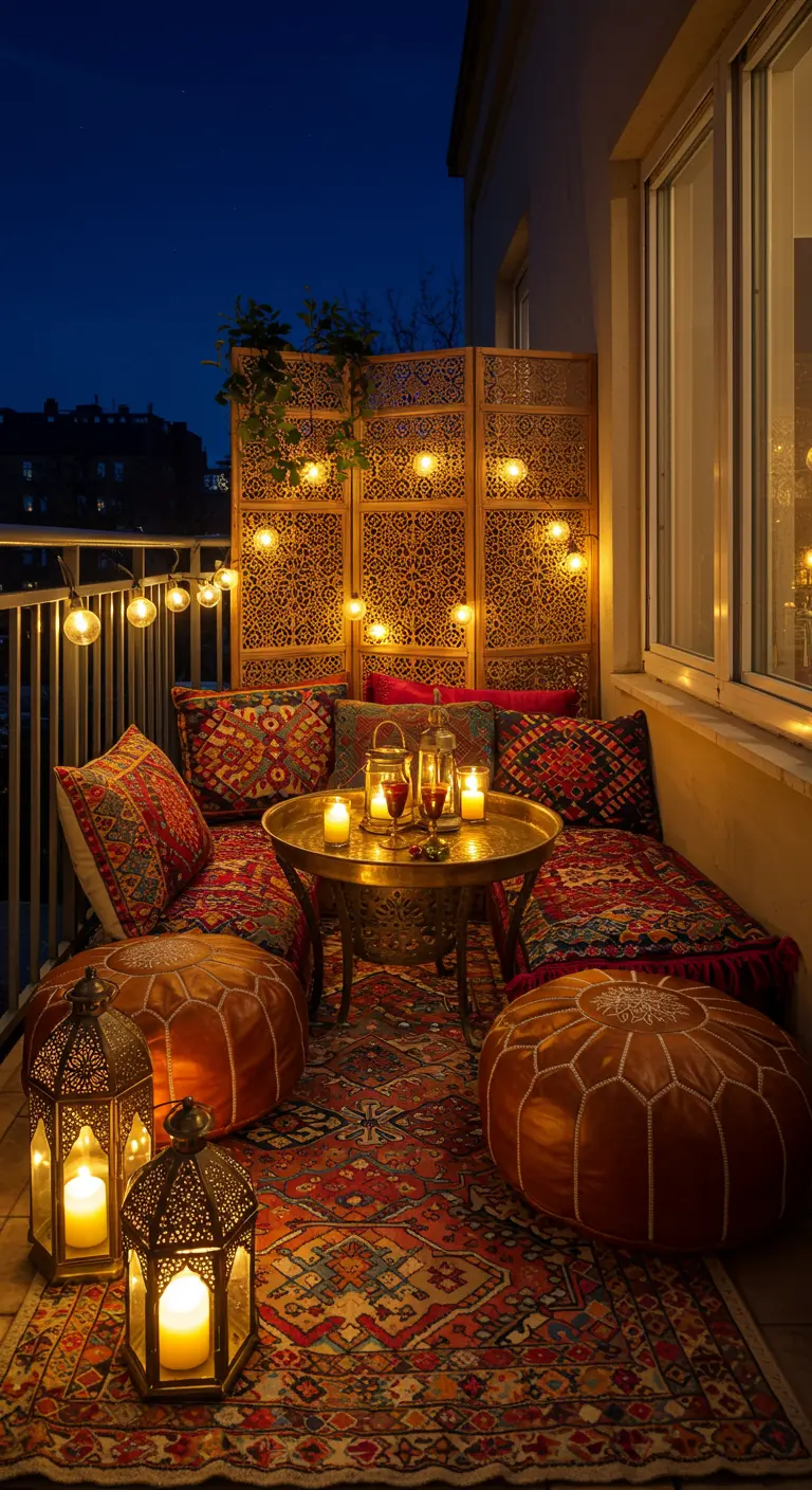 Coin salon marocain sur un balcon avec paravent, lanternes et coussins rouges.