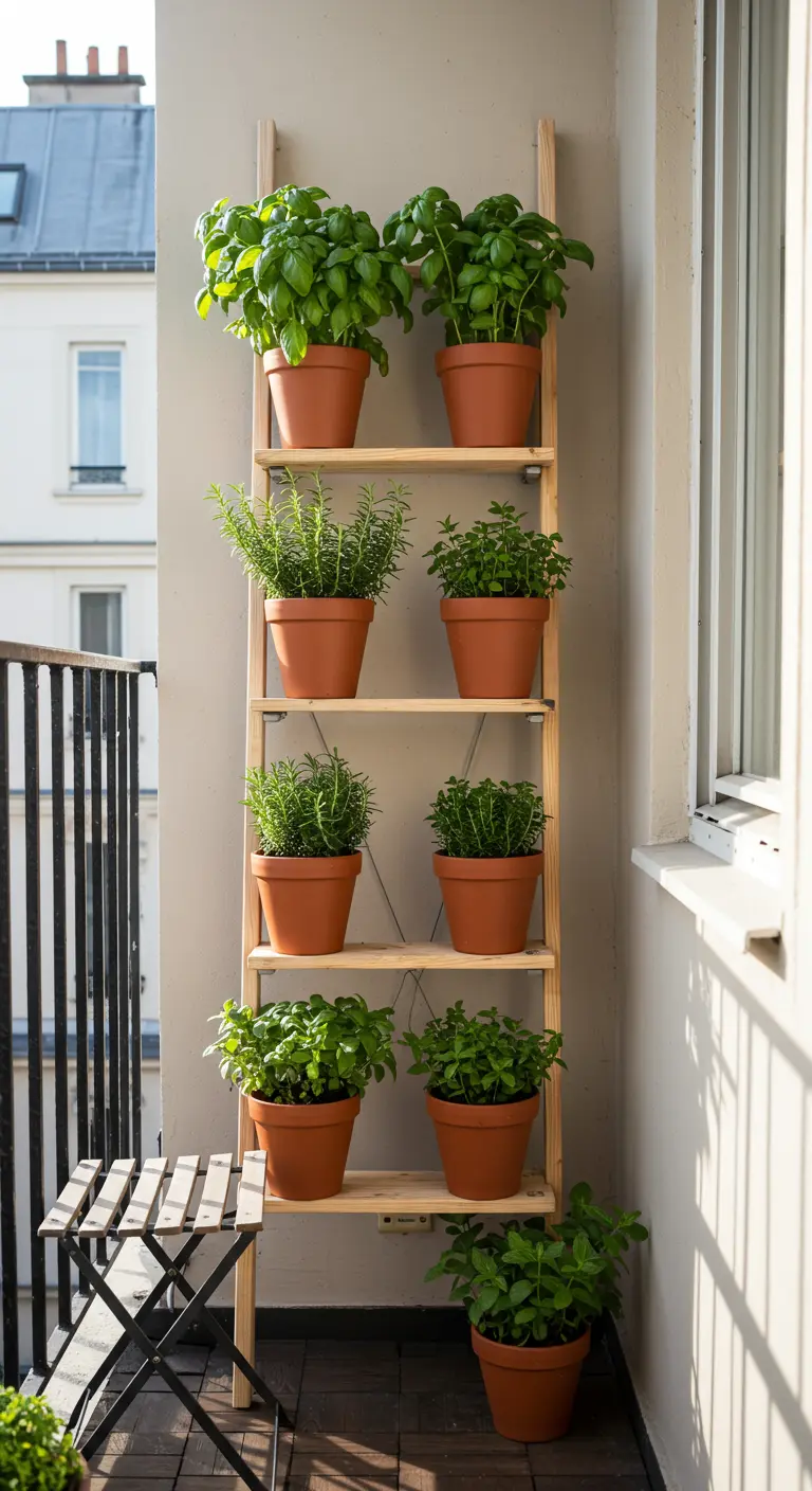Échelle en bois servant d'étagère pour des pots de basilic, romarin et thym.
