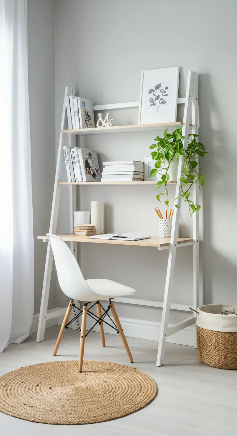 Bureau-échelle blanc et bois avec une chaise design et une plante verte.