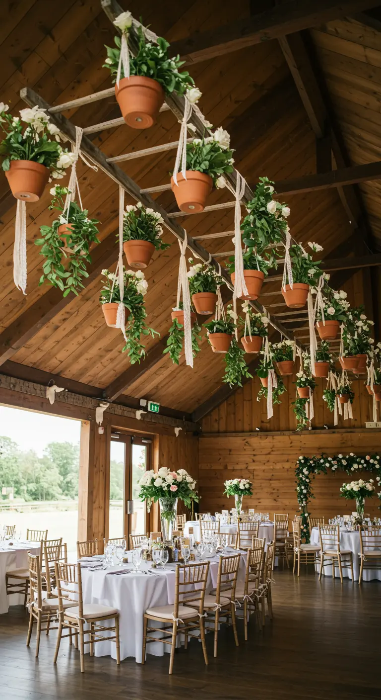 Échelle en bois suspendue au plafond, ornée de pots de fleurs retombants.