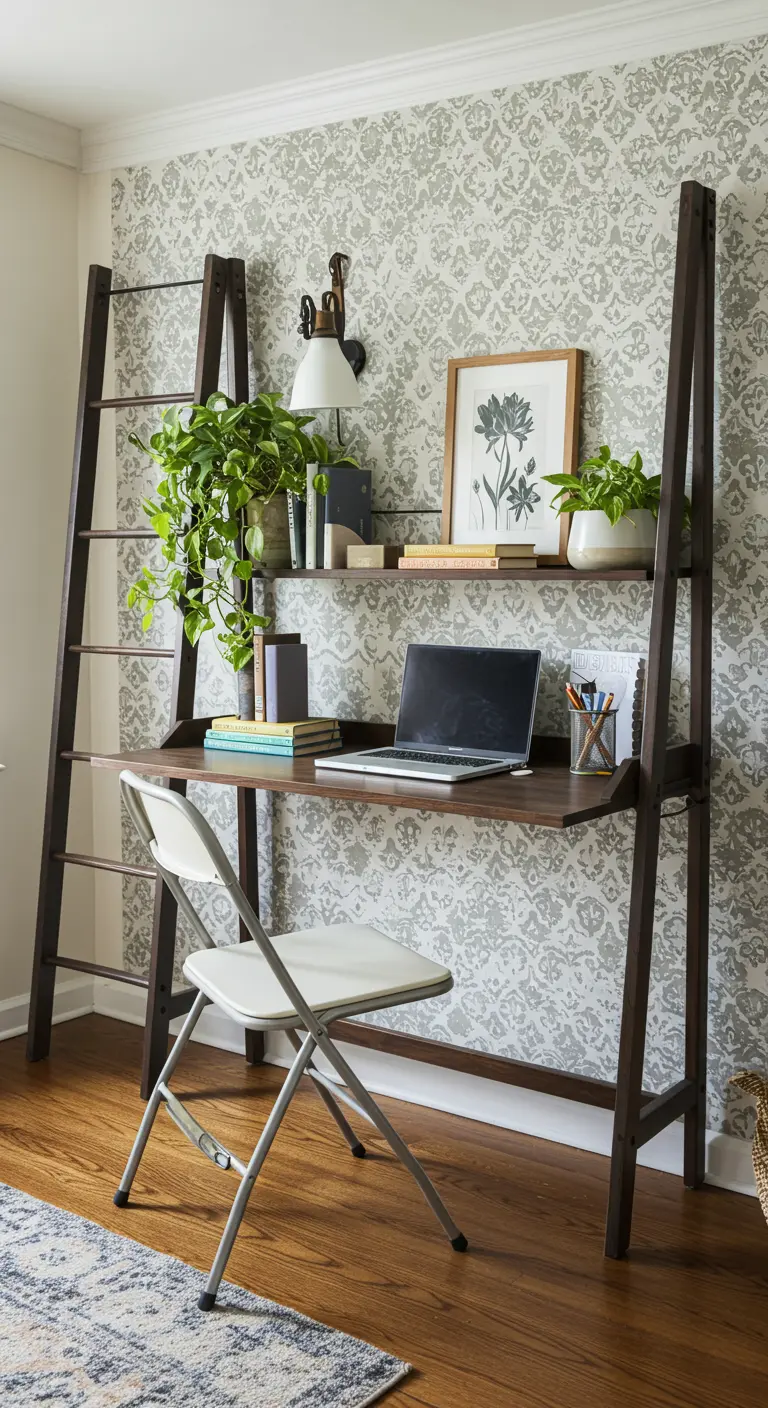 Bureau échelle en bois foncé contre un mur à papier peint, avec plantes et livres.