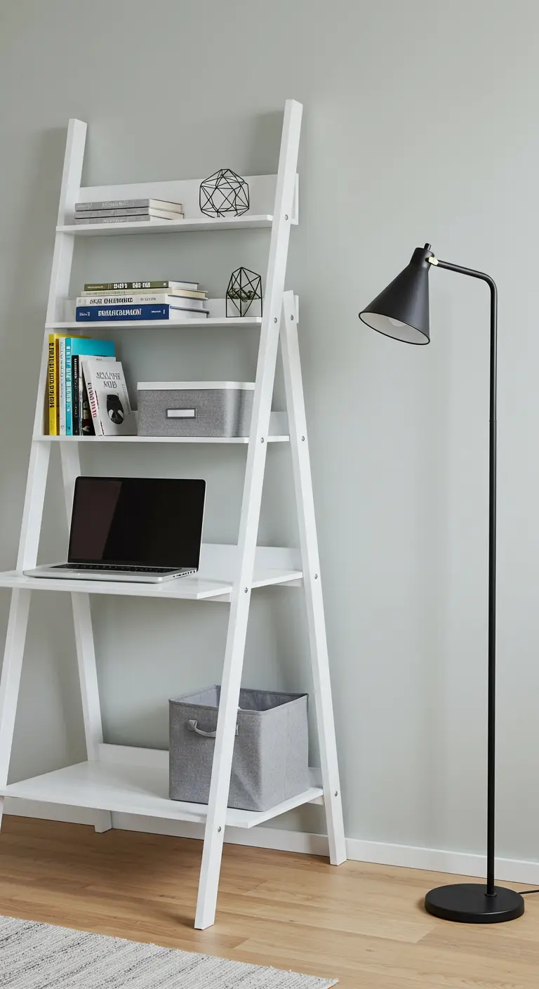 Bureau-échelle blanc de style scandinave avec des étagères intégrées.