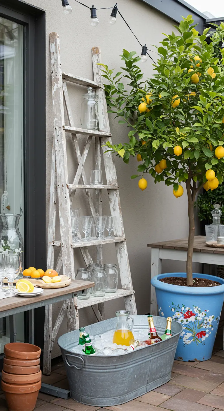Une vieille échelle en bois blanc utilisée comme étagère pour des verres à côté d'un bar extérieur.