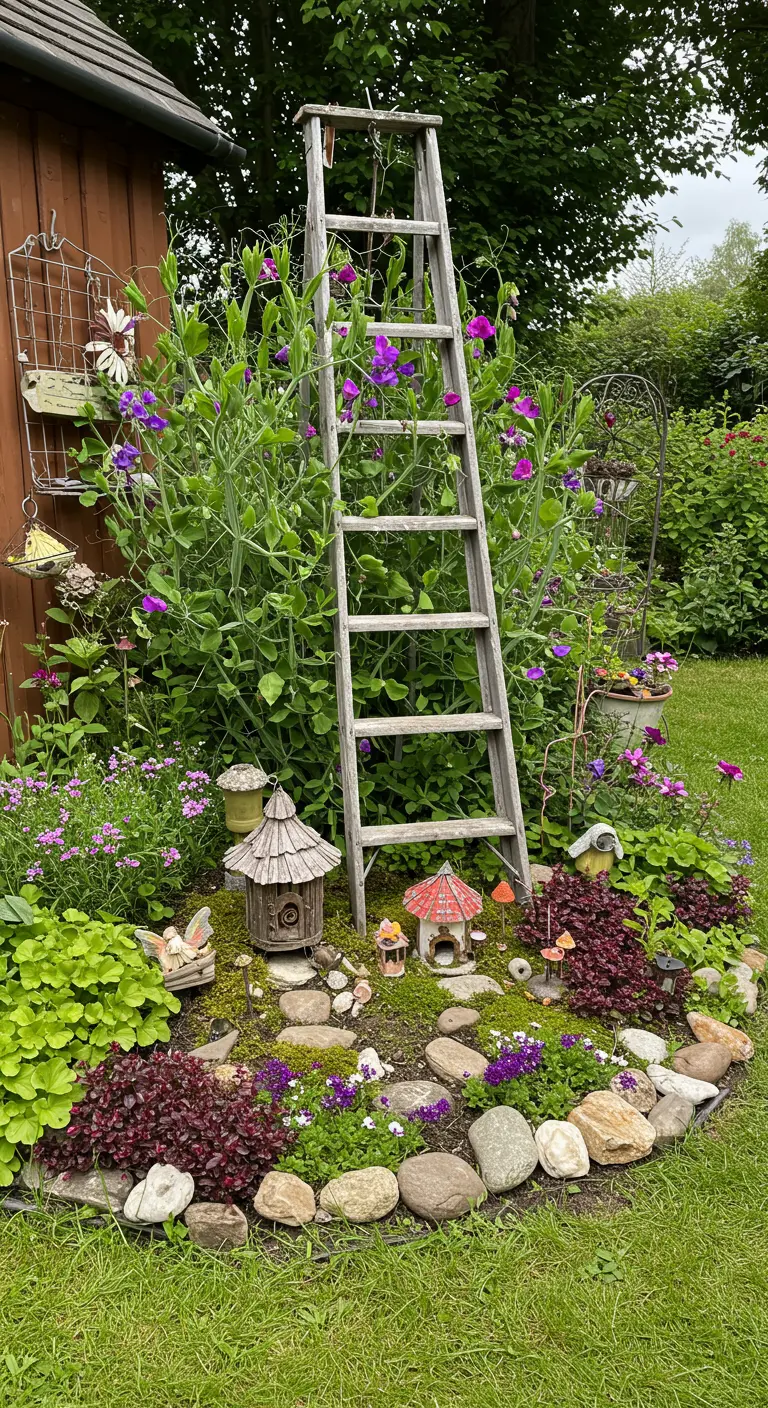 Vieille échelle en bois servant de tuteur à des fleurs grimpantes violettes.