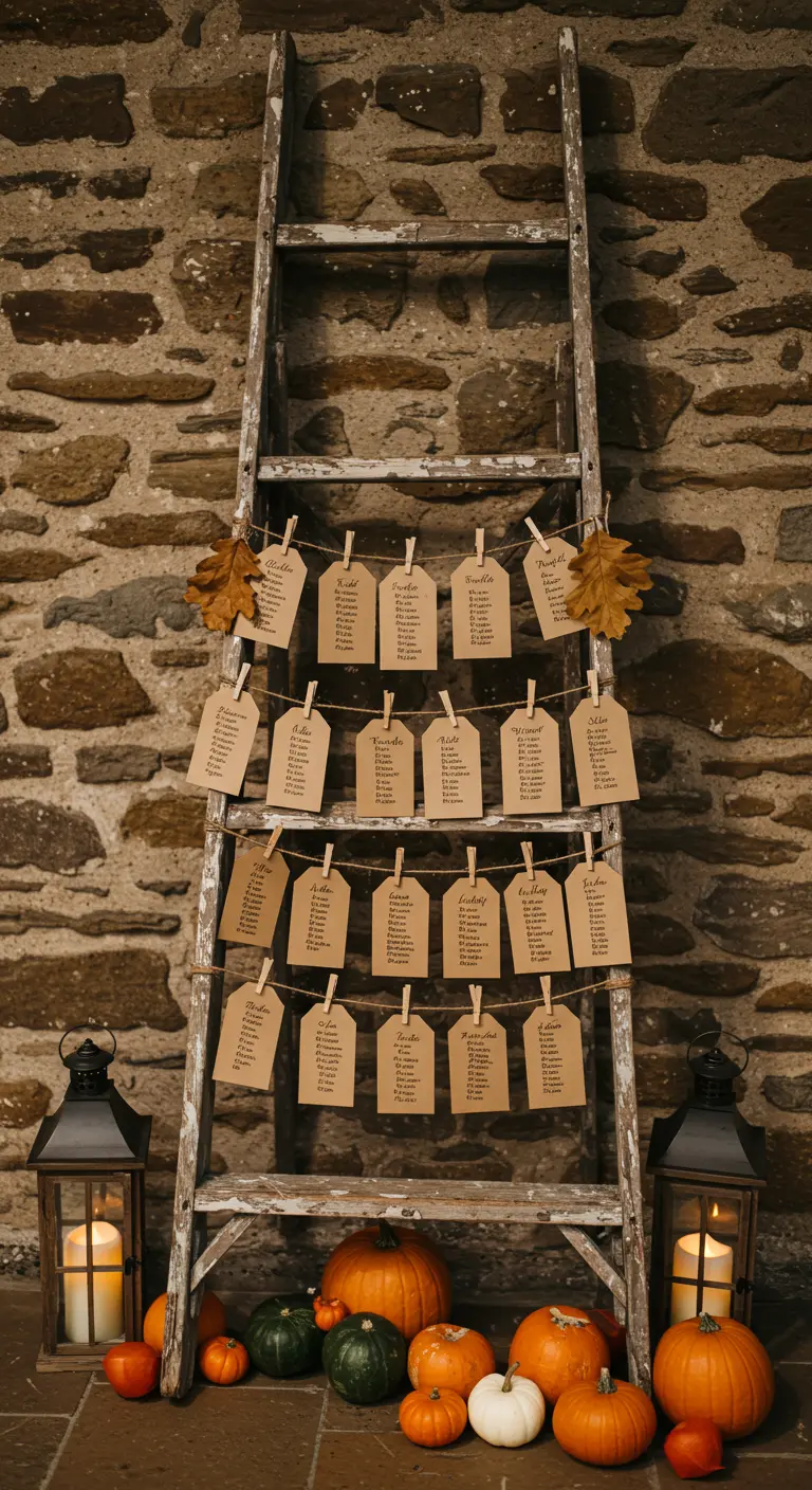 Plan de table sur une échelle en bois avec des cartons suspendus et des citrouilles.