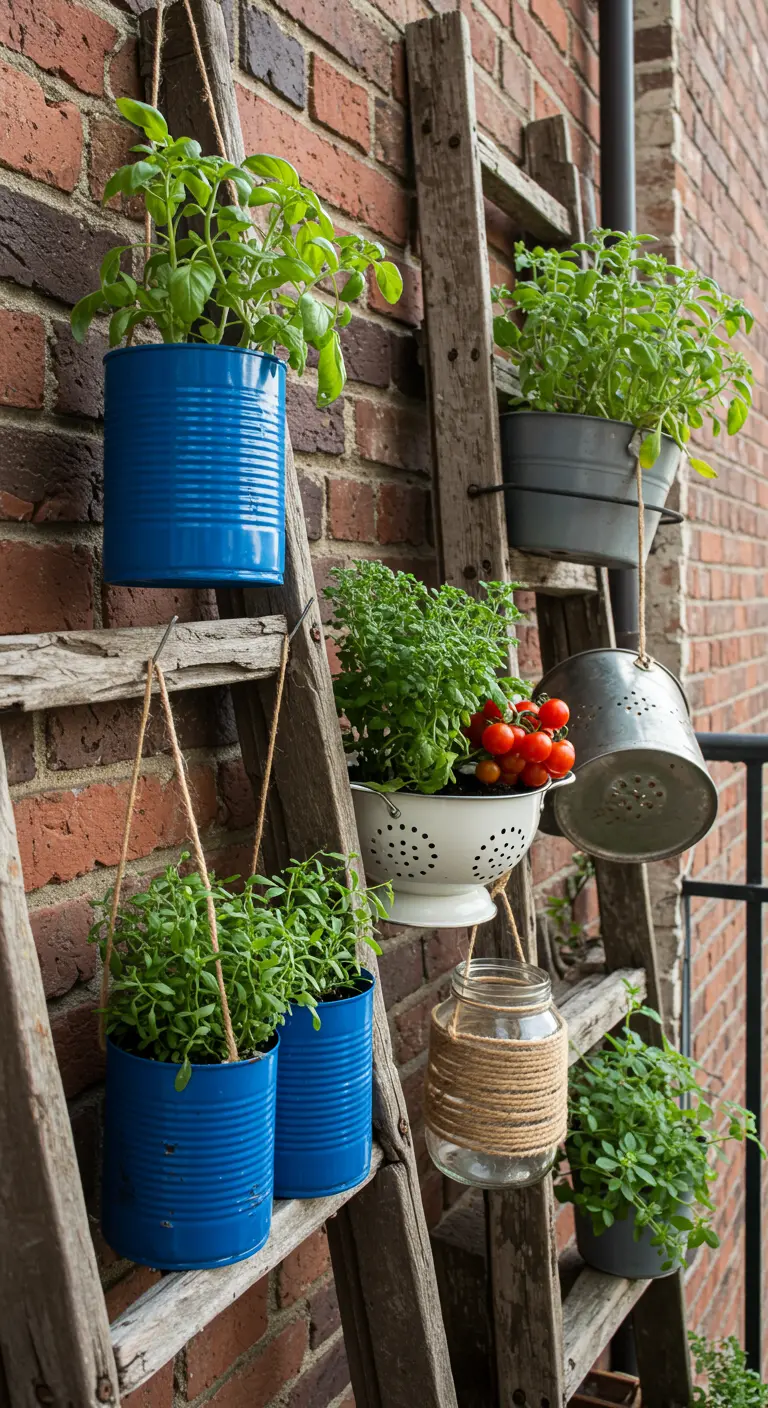 Jardin d'herbes aromatiques vertical sur une échelle en bois adossée à un mur de briques.