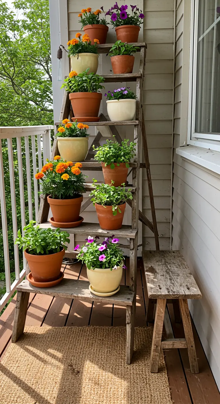 Vieille échelle en bois transformée en étagère à plantes avec des pots en terre cuite.