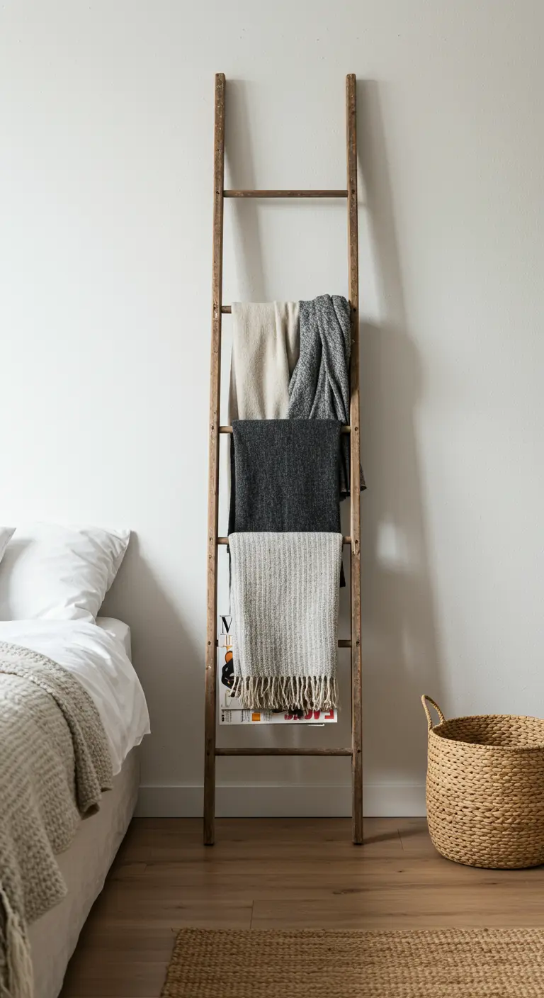 Échelle décorative en bois utilisée comme porte-couvertures à côté d'un lit blanc.