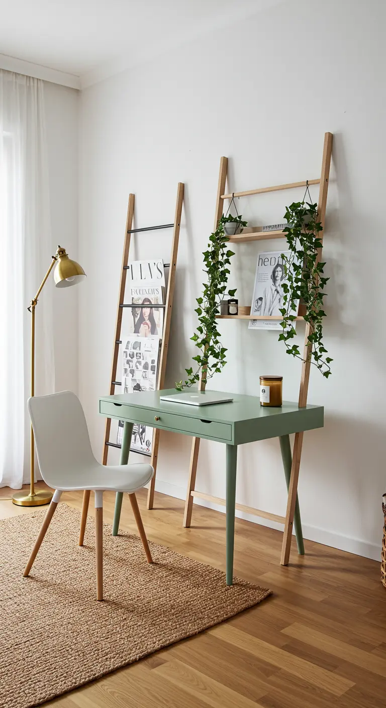 Bureau vert sauge avec des étagères-échelles en bois de chaque côté, ornées de plantes.