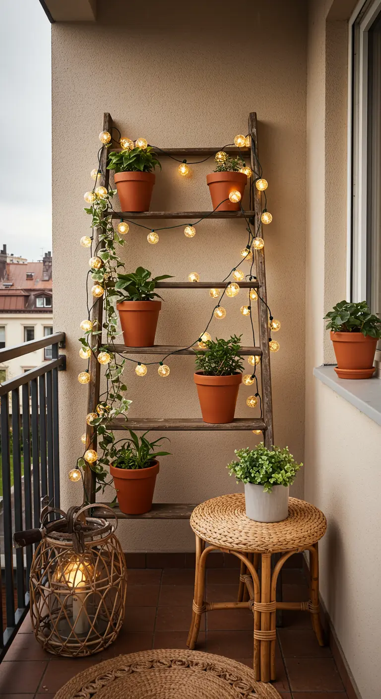 Une échelle en bois utilisée comme étagère pour des plantes, décorée d'une guirlande lumineuse.