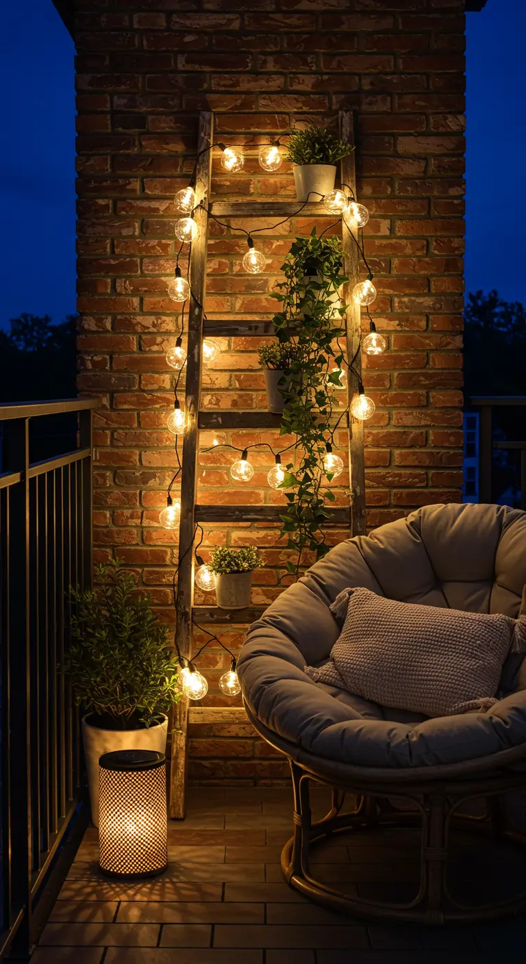 Échelle en bois contre un mur de briques, décorée de plantes et d'une guirlande.