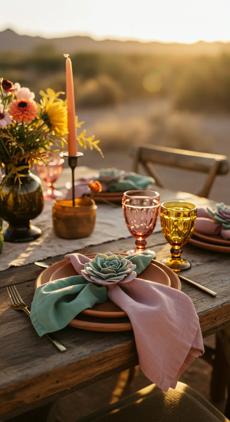Table rustique au coucher du soleil avec des serviettes bicolores et une succulente.
