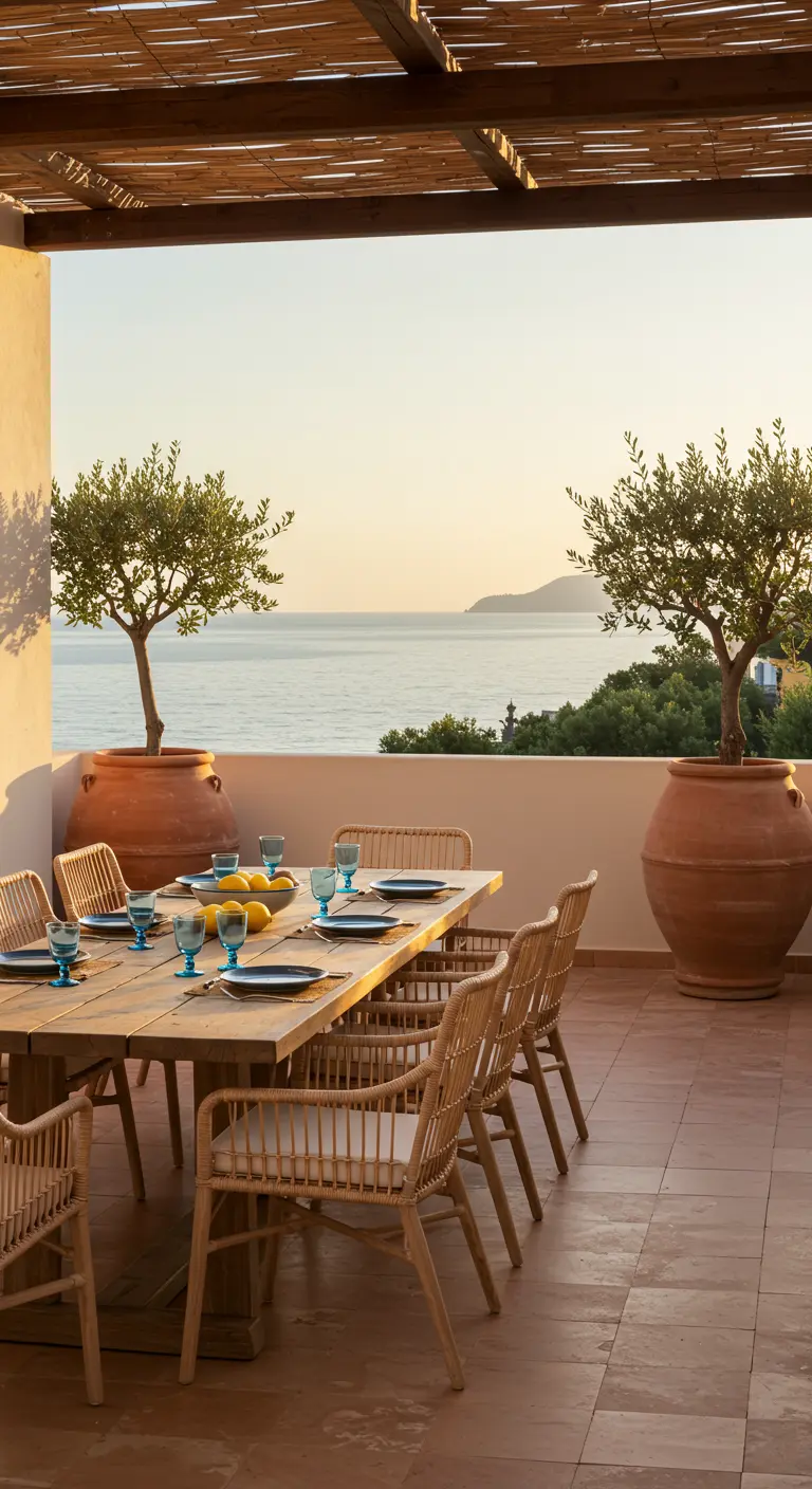 Table à manger en bois avec chaises en rotin sur une terrasse surplombant la mer au coucher du soleil.