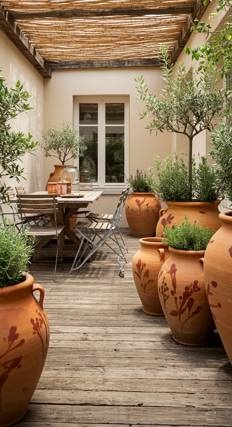 Grandes jarres en terre cuite avec des motifs floraux sur une terrasse en bois.