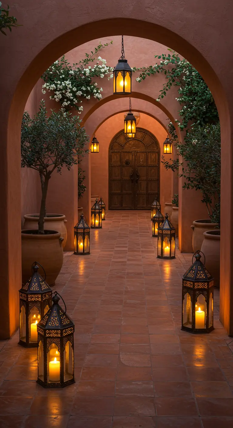 Allée d'arches de style marocain éclairée par des lanternes suspendues et au sol.