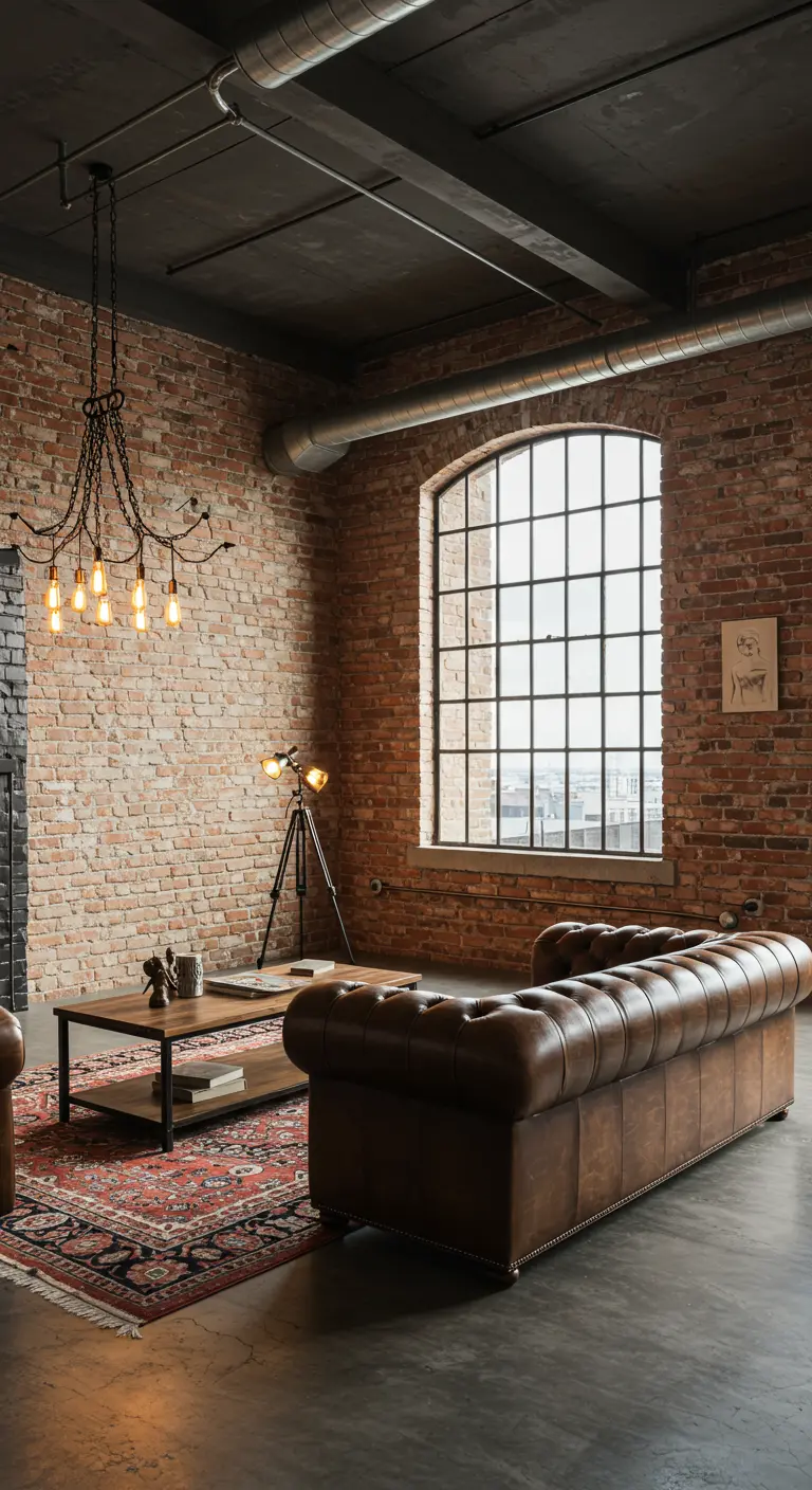 Salon de style loft industriel avec mur en briques rouges et canapé en cuir marron.