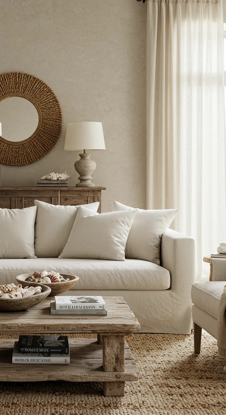 Salon d'inspiration côtière avec miroir en rotin et table en bois récupéré.