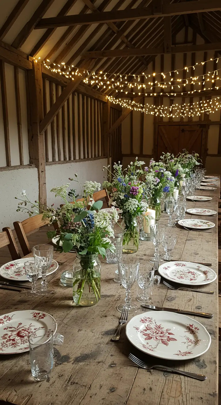 Table de mariage rustique dans une grange avec poutres et guirlandes lumineuses.