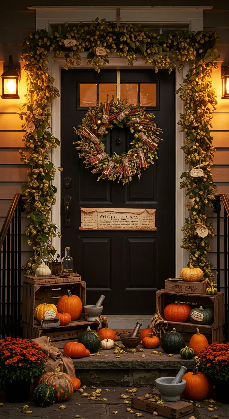 Entrée automnale avec guirlande de houblon, citrouilles et caisses en bois.
