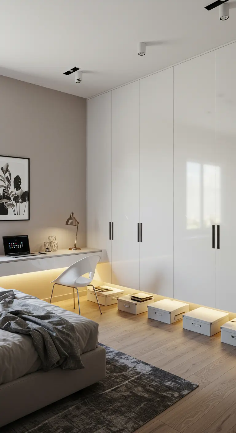 Chambre moderne avec des armoires blanches et un éclairage LED chaud sous le bureau.