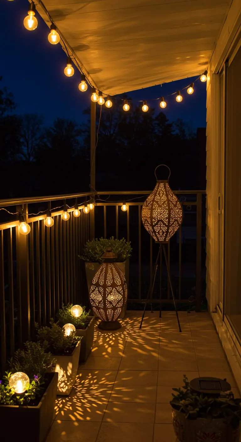 Balcon étroit éclairé par des lanternes et des globes lumineux posés au sol.