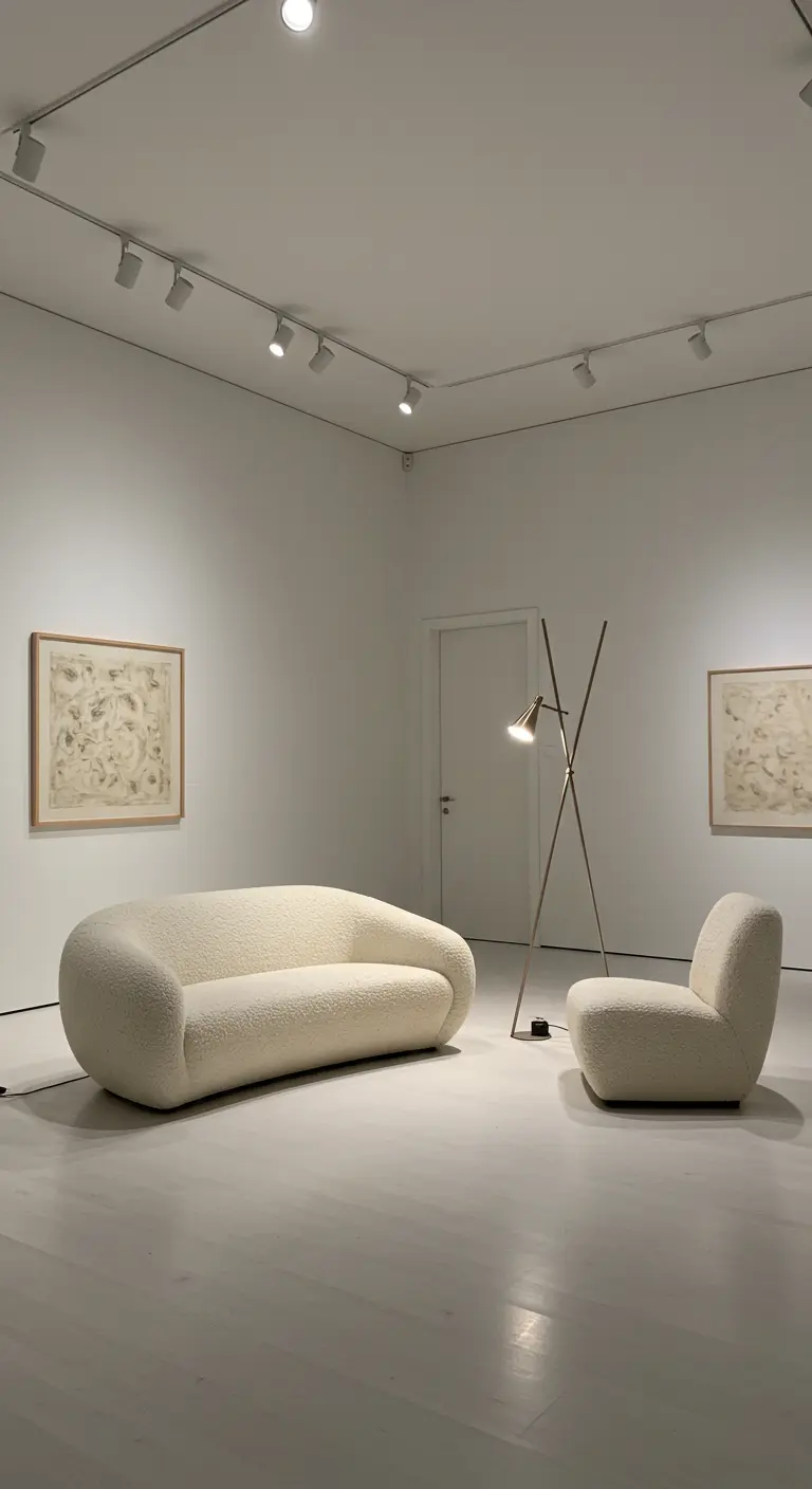 Espace blanc de style galerie avec un canapé bouclé et un fauteuil éclairés par des spots.