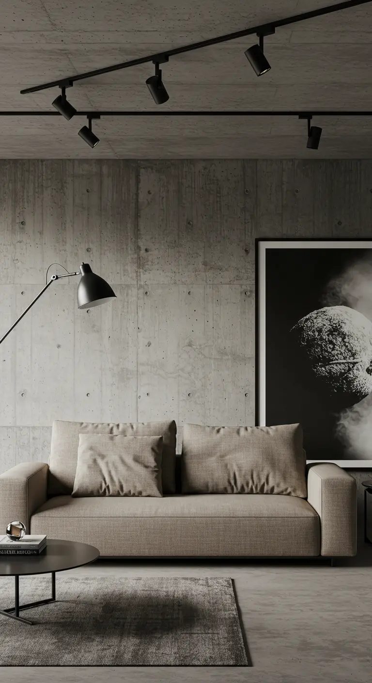 Salon industriel avec mur en béton, canapé beige et spots noirs sur rail au plafond.