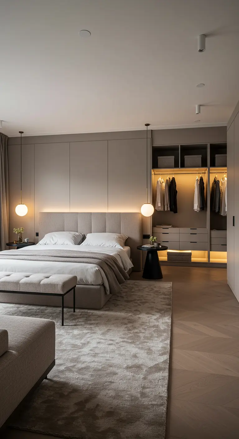 Chambre moderne avec une tête de lit grise rétro-éclairée par une bande LED.