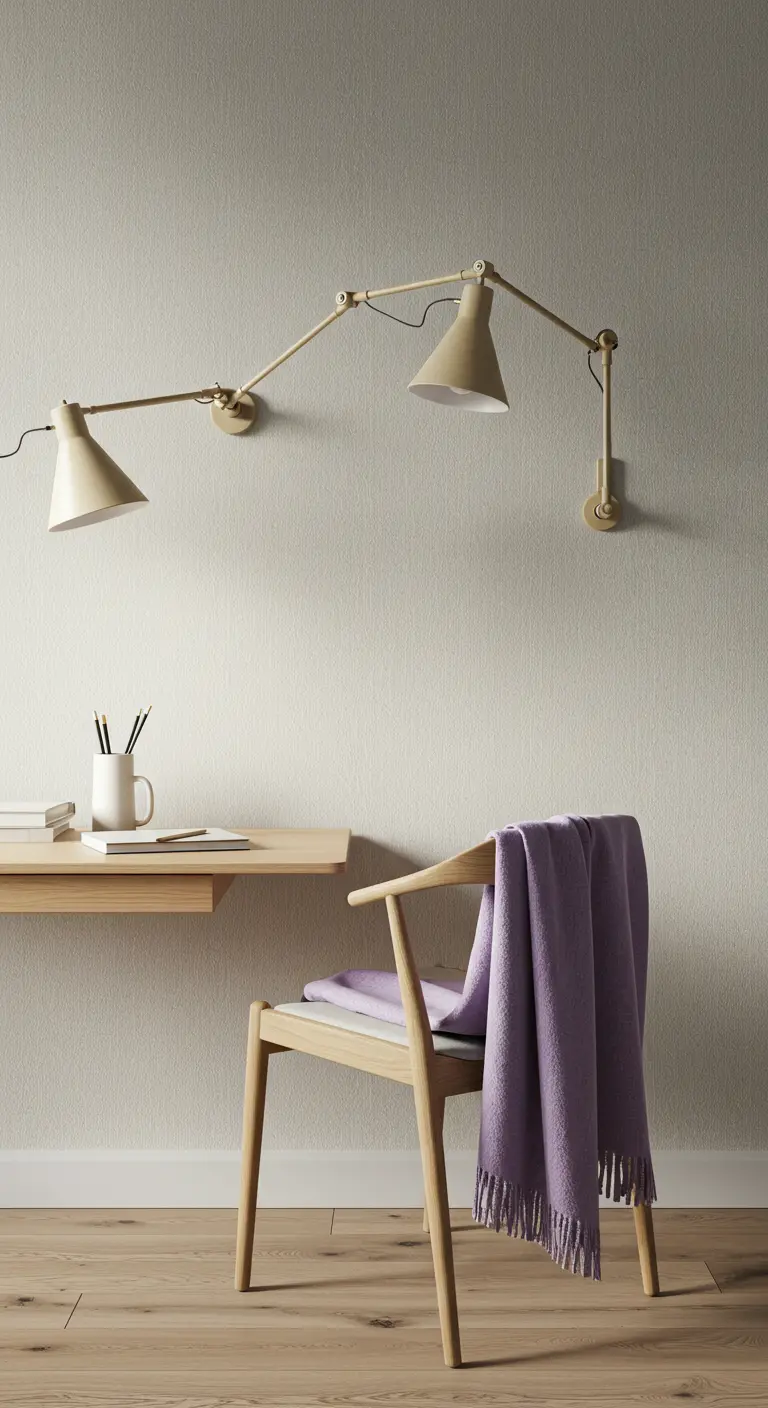 Bureau flottant minimaliste avec deux appliques murales orientables et un plaid lavande.