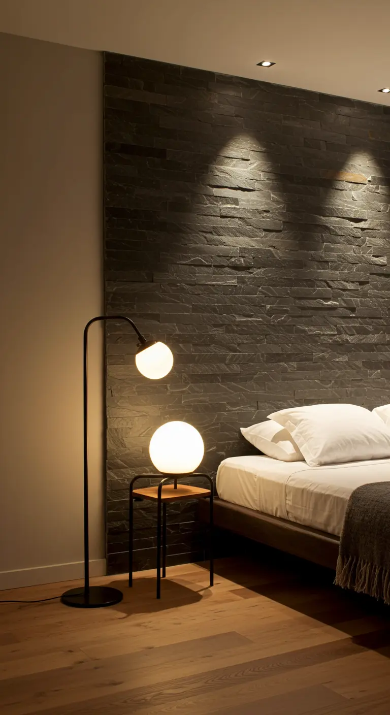 Mur en ardoise noire éclairé par des spots rasants qui révèlent sa texture.