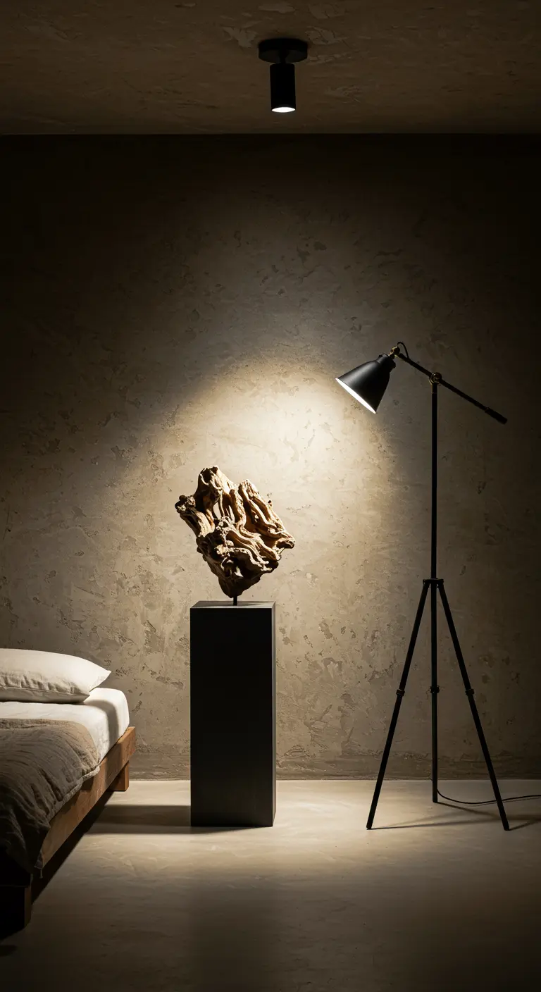 Une sculpture sur un piédestal est éclairée par un spot dans une chambre sombre.