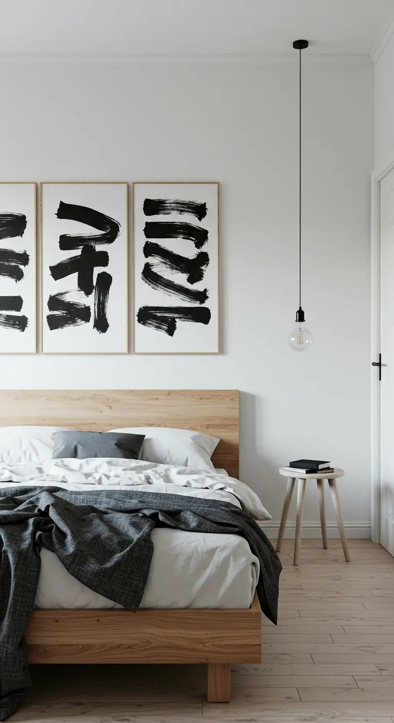 Chambre épurée avec suspensions minimalistes à ampoule nue de chaque côté du lit.