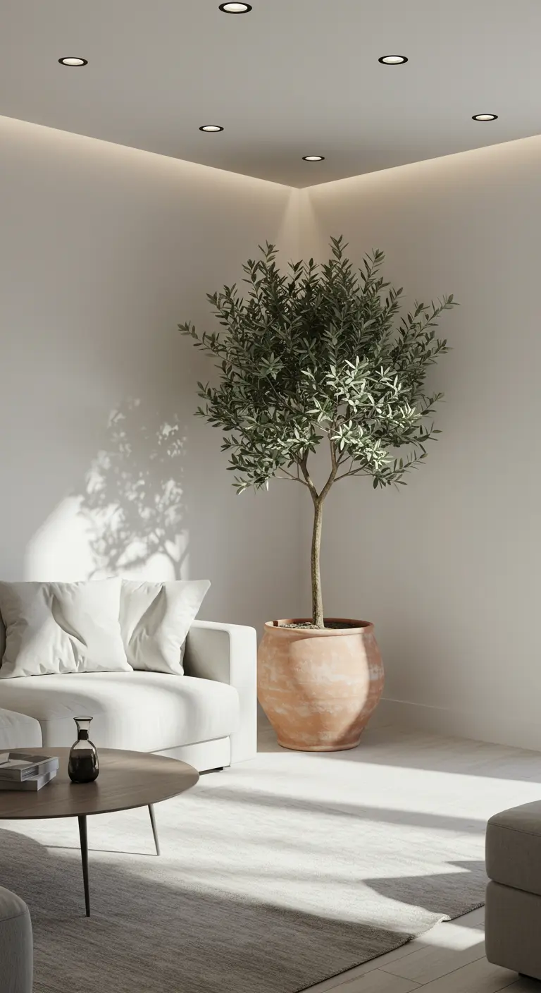 Grand olivier en pot dans un coin de salon blanc, éclairé par des spots de plafond.