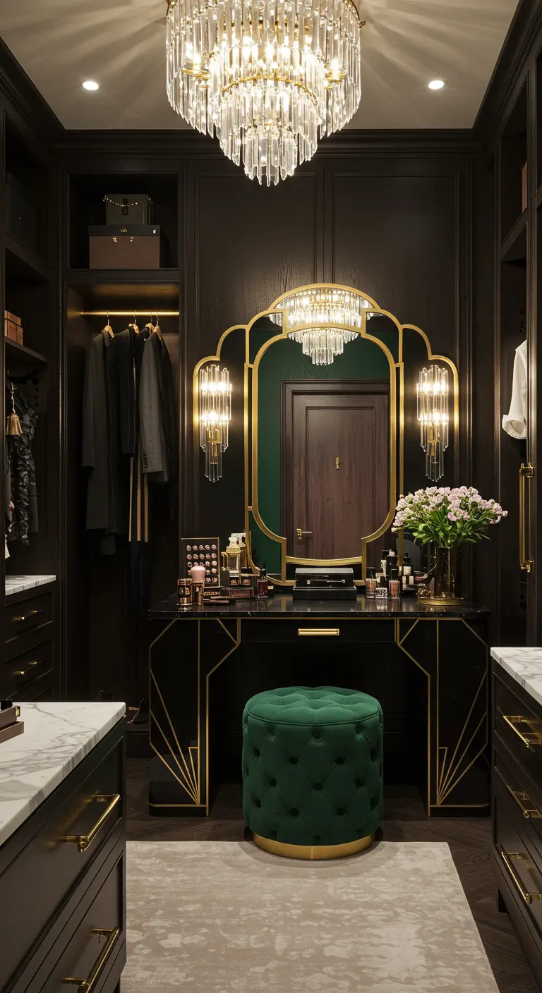 Dressing Art Déco sombre avec coiffeuse noire, accents dorés, et pouf velours émeraude.