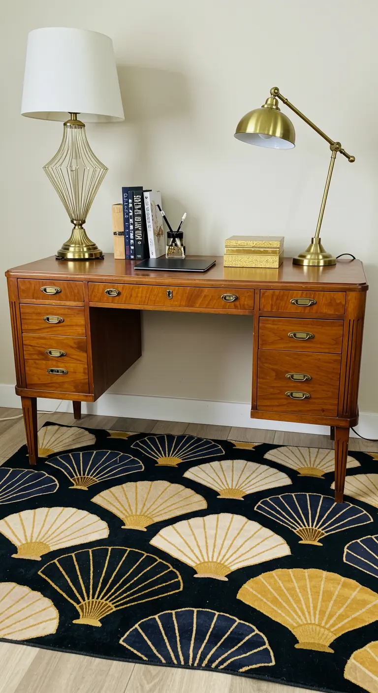 Bureau en noyer de style Art Déco avec des lampes en laiton et un tapis à motifs éventails.