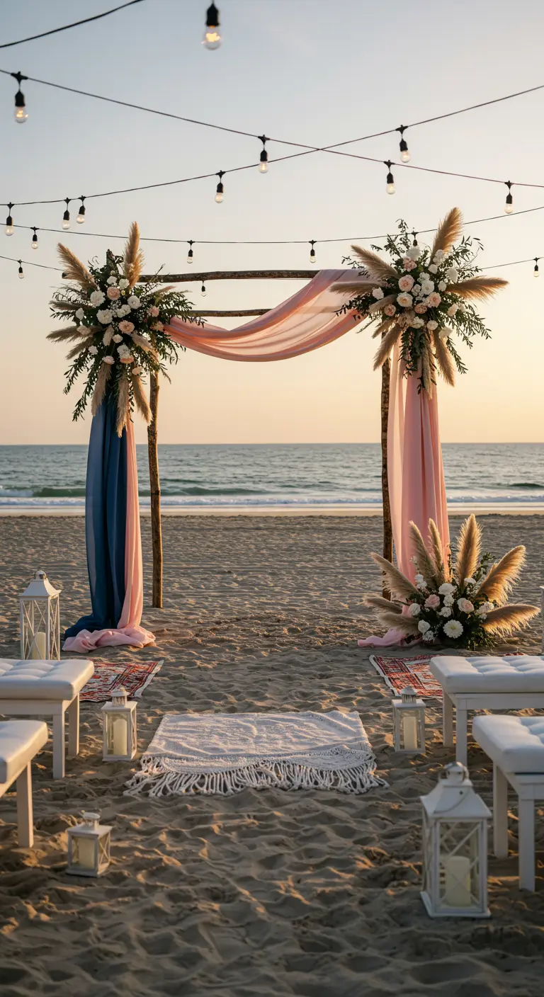Arche de mariage bohème sur la plage avec tissus rose et bleu, pampa, lumières et coucher de soleil.
