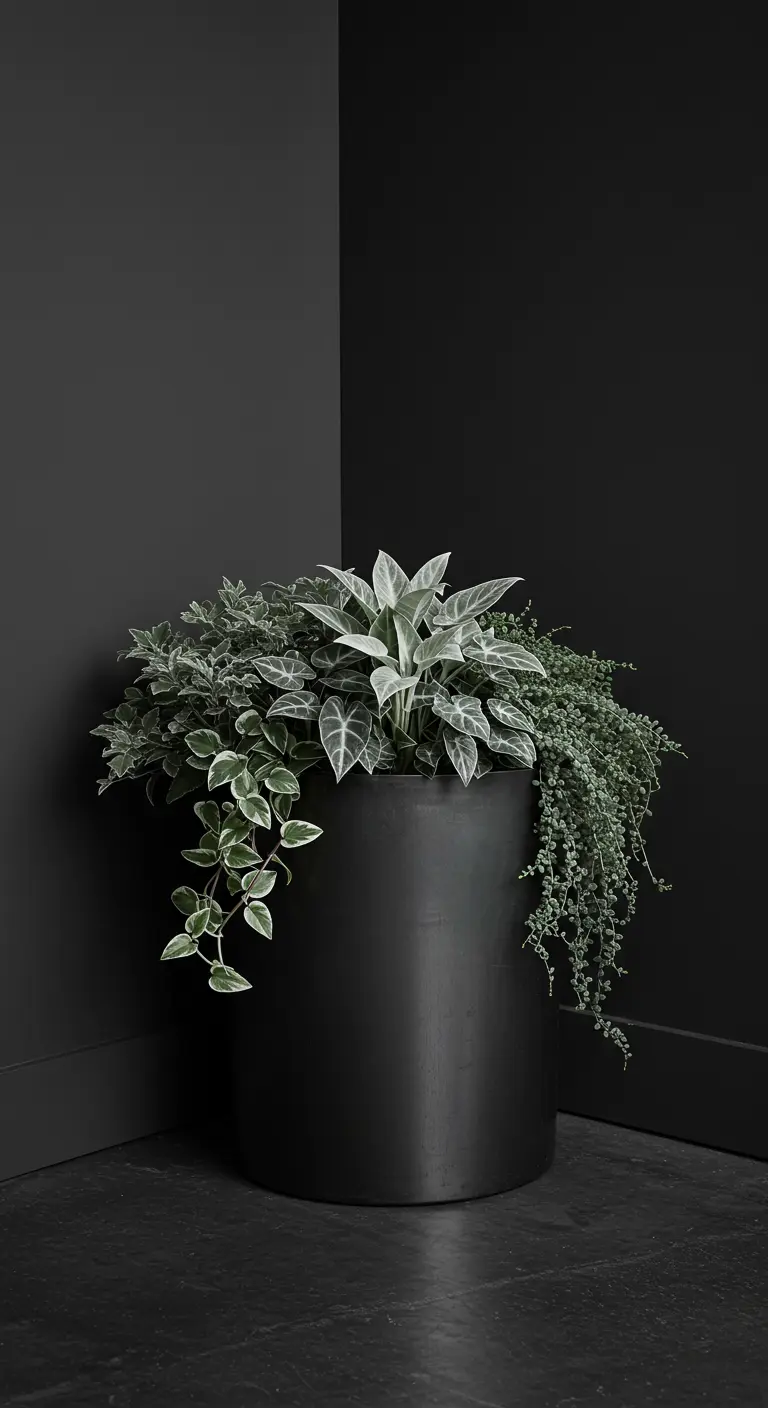 Un pot noir dans un coin sombre rempli de plantes aux feuilles panachées et argentées.