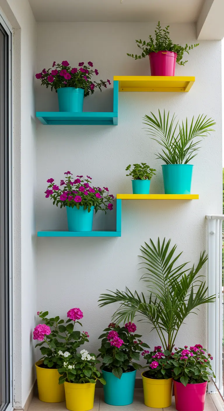 Étagères et pots de fleurs aux couleurs vives (turquoise, jaune, fuchsia).