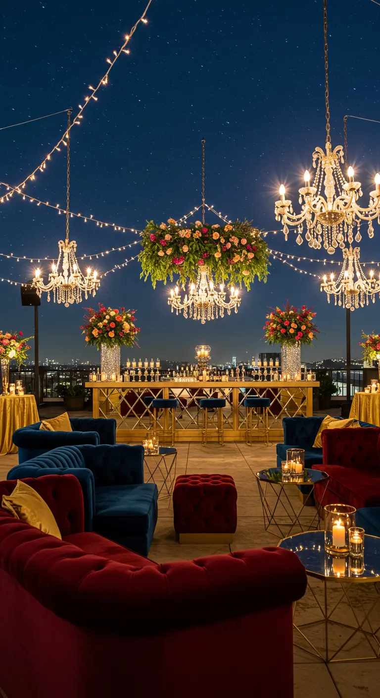 Rooftop de gala avec chandeliers, guirlandes lumineuses, canapés en velours bordeaux et bleu.