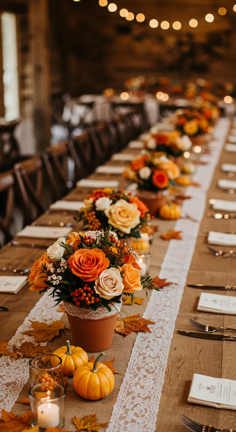 Centre de table automnal avec roses oranges, mini-citrouilles et feuilles mortes.