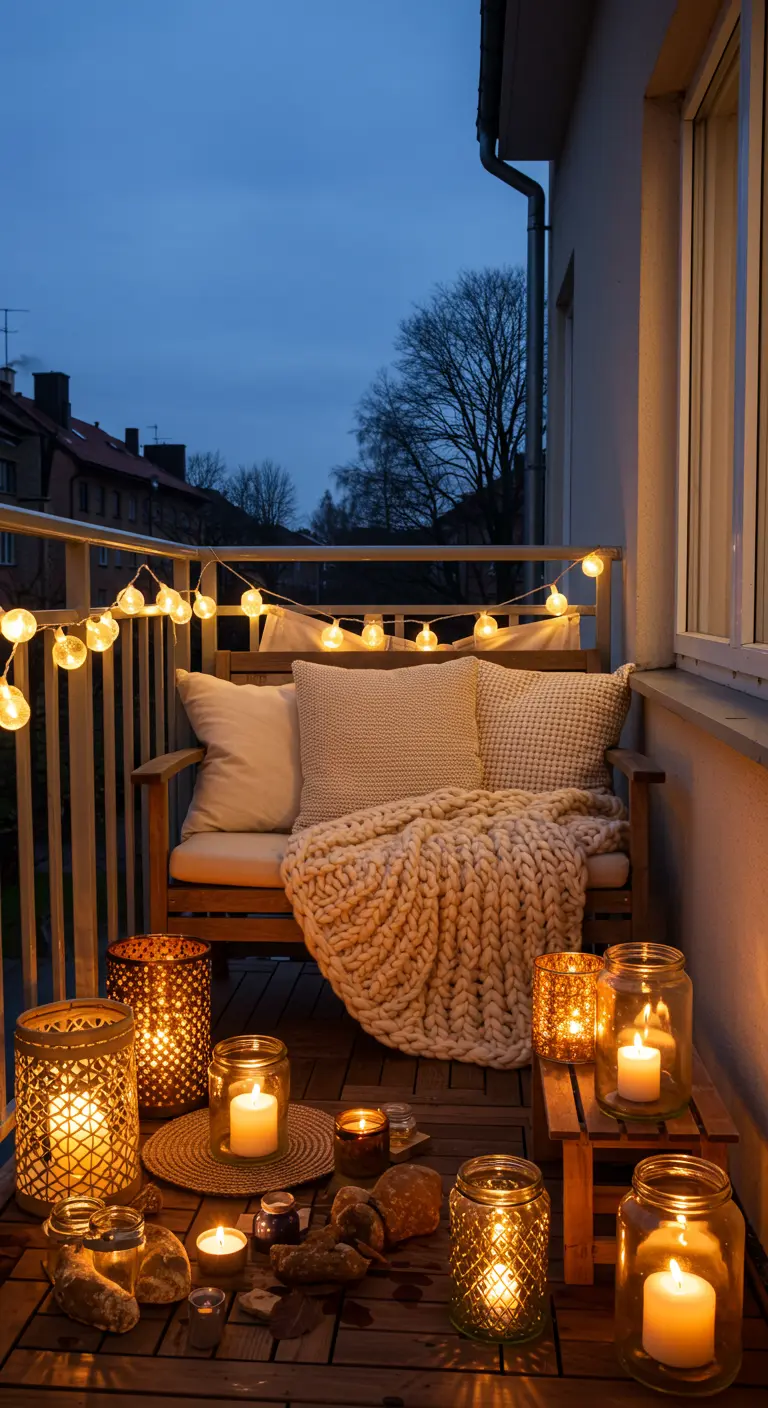 Balcon avec banc en bois, plaid en grosse maille, guirlandes et nombreuses bougies dans des lanternes.
