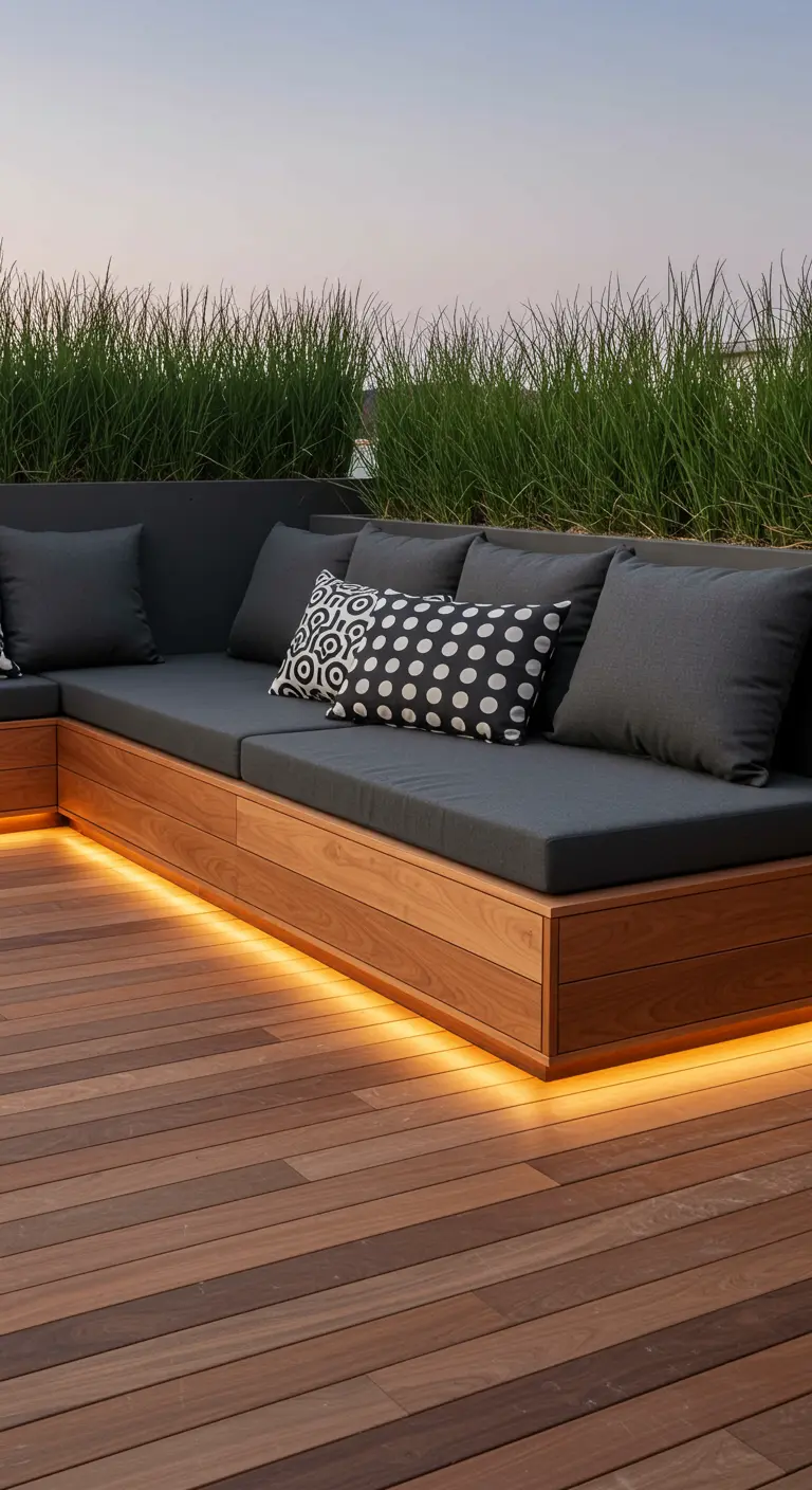 Banquette en bois sur terrasse avec éclairage LED discret sous le banc et hautes herbes.