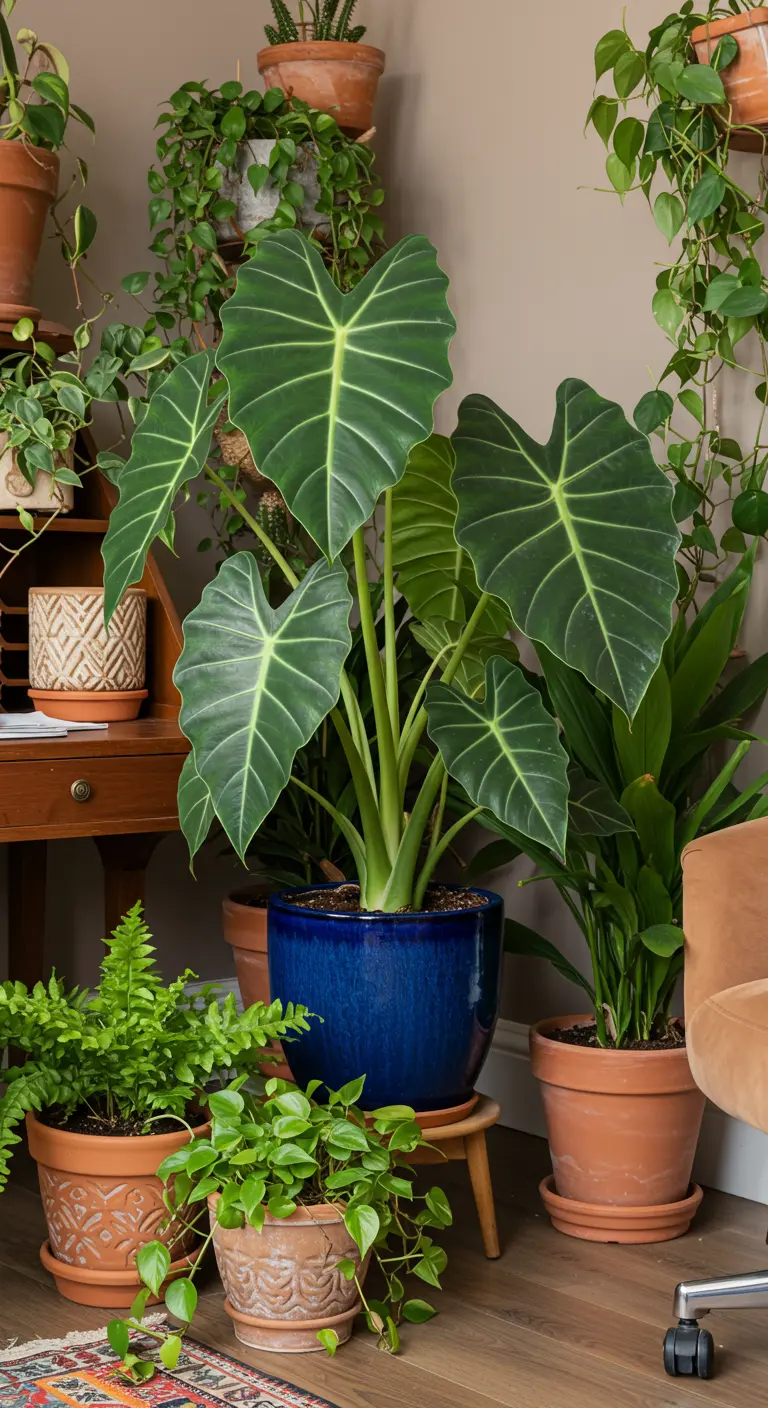 Alocasia en pot bleu, plantes variées en terre cuite près d'un bureau en bois.