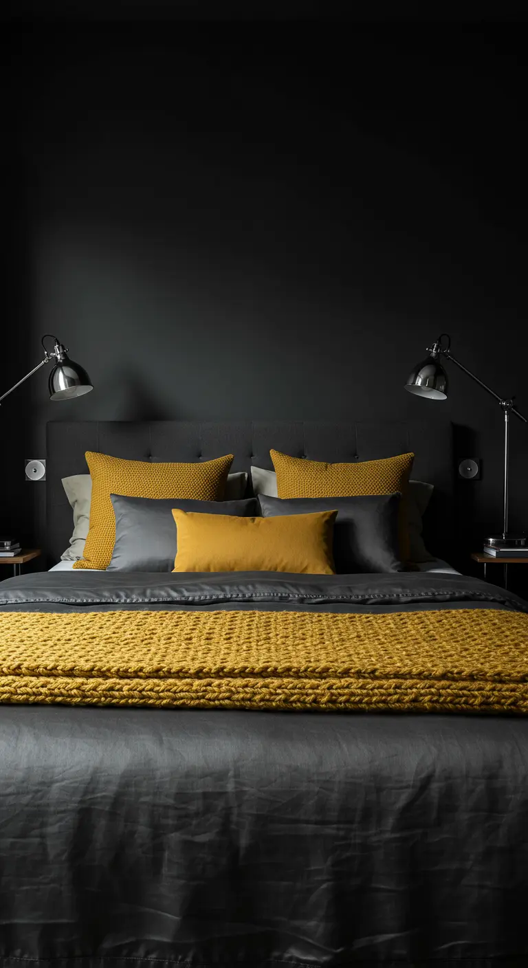 Chambre avec murs sombres, linge de lit gris et accents jaune moutarde sur les coussins et le plaid.