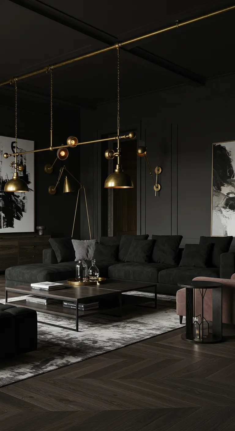 Salon noir avec luminaires industriels en laiton, grand canapé sombre, table basse en bois et tapis texturé.
