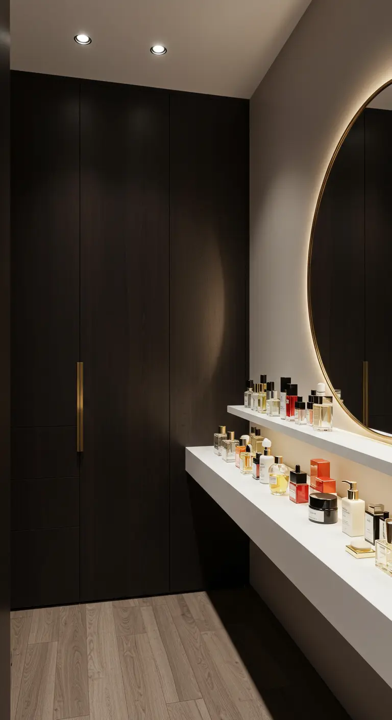 Dressing sombre avec grand miroir rond lumineux et comptoir blanc pour parfums et cosmétiques.