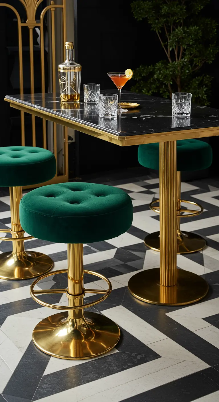 Table de bar dorée avec des tabourets en velours vert émeraude.
