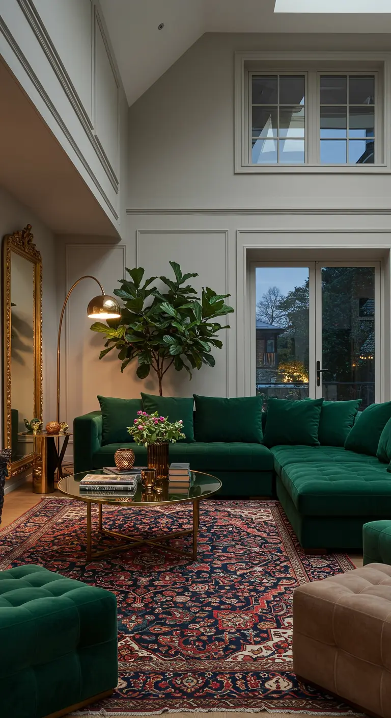 Salon luxueux avec canapé d'angle en velours vert, tapis persan, miroir doré et plante verte.